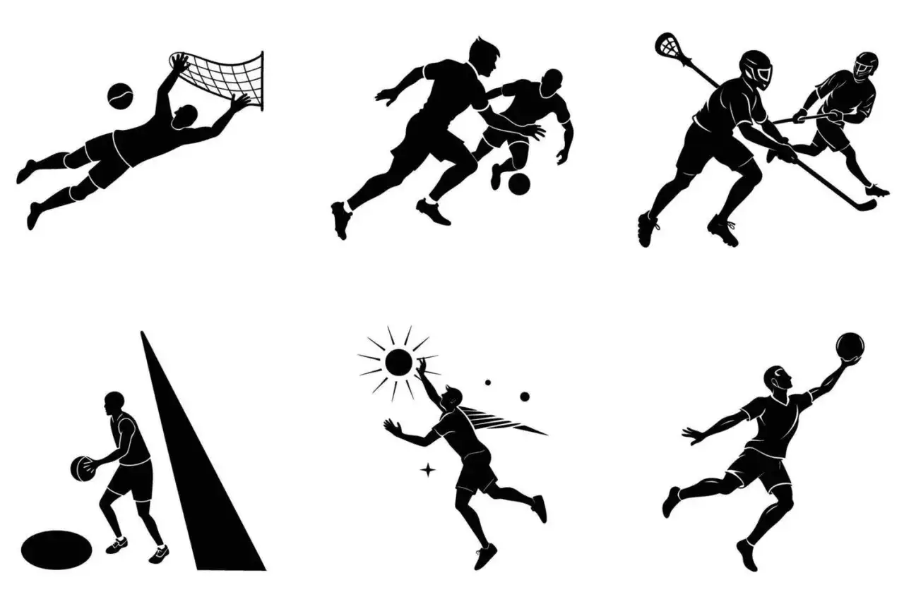 Siluetas de deportistas en acción: voleibol, fútbol, lacrosse, baloncesto y un jugador que parece atrapar el sol. ¡Pura energía deportiva!