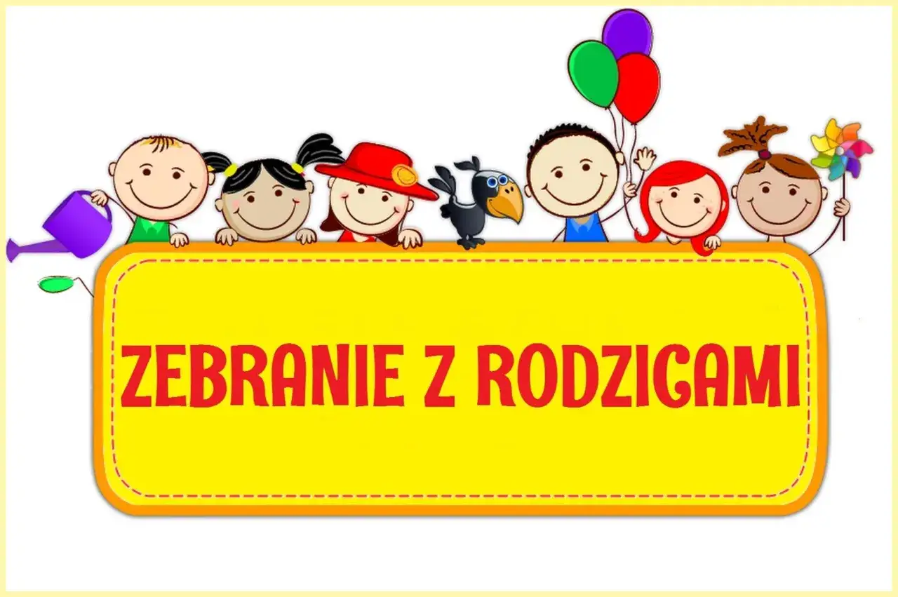 Radosne dzieci z balonami i konewką zapraszają na zebranie z rodzicami.