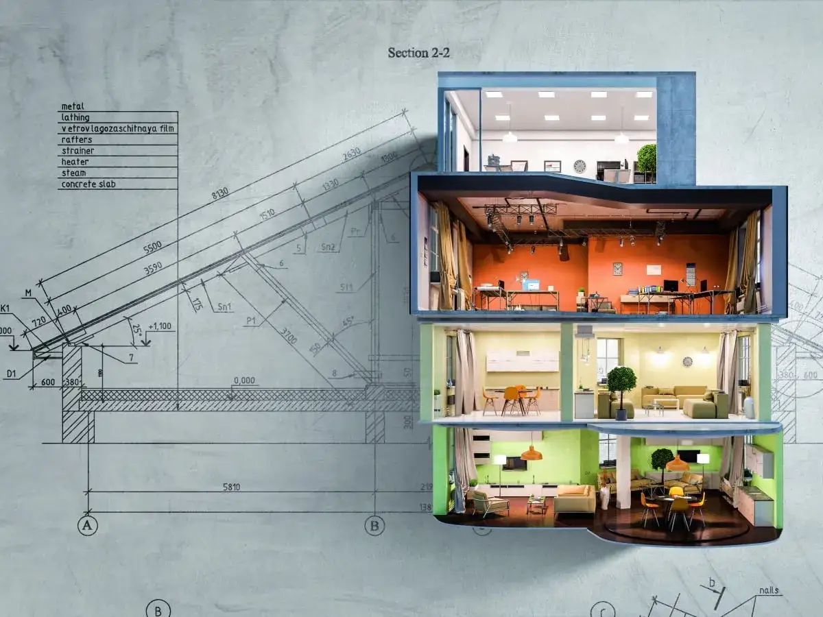 Projekt domu z widokiem na przekrój pięter i plan architektoniczny. Jak zaznaczyć zmiany nieistotne w projekcie, by nie zakłócić harmonii?