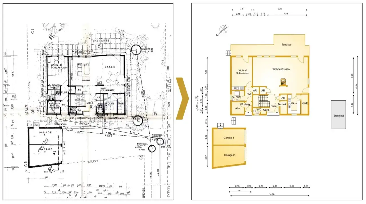 Bauplan zeigt eine Hausgrundriss-Vorlage, die zur Erstellung eines Expos&eacute;s dient. Links der urspr&uuml;ngliche Plan, rechts die modernisierte Darstellung.