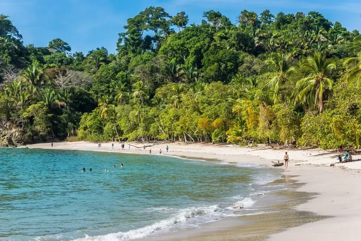 En dr&ouml;mresa till Costa Rica: en vacker strand med turkost vatten, frodig djungel och n&aring;gra badande m&auml;nniskor.