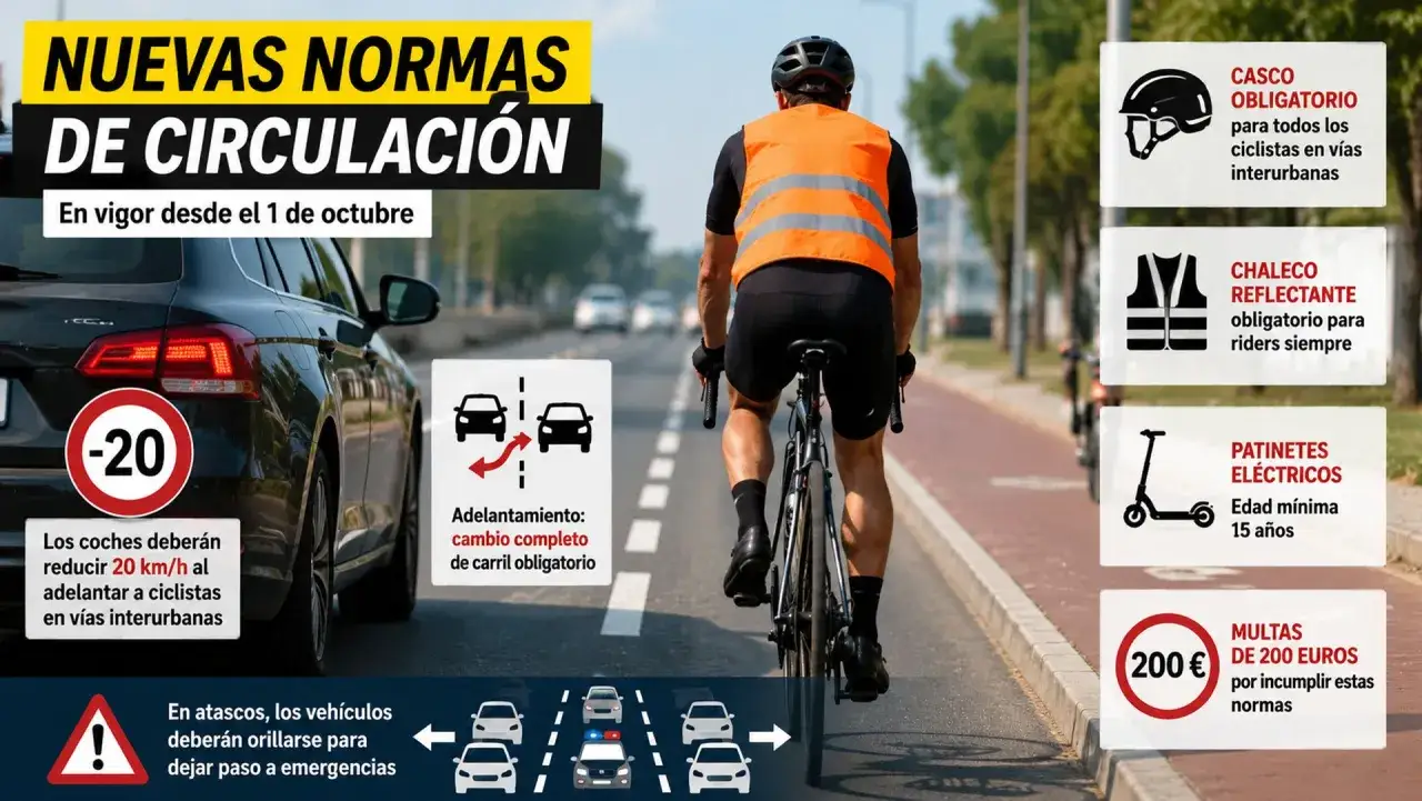 Ciclista con chaleco reflectante en la carretera, junto a señales de tráfico sobre normas para conductores de bicicletas y multas.
