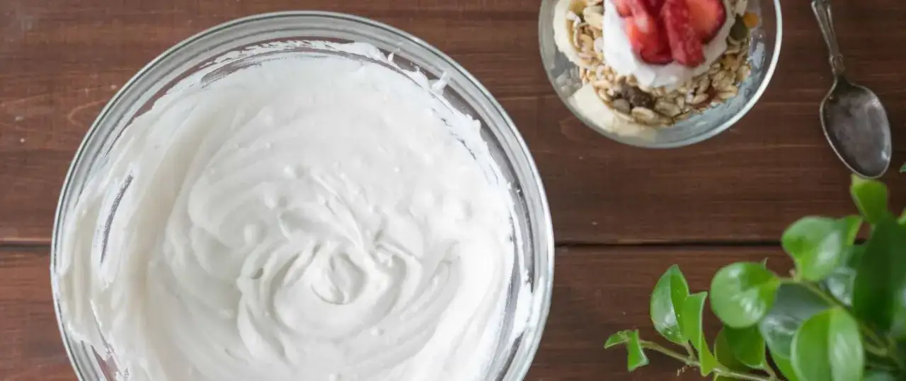 En skål med krämig kokosyoghurt, perfekt för ditt nästa kokosyoghurt recept. Bredvid en skål med granola och jordgubbar.