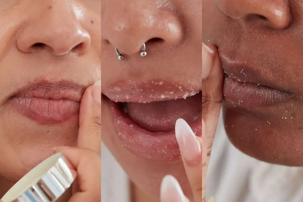 Tres primeros planos muestran c&oacute;mo exfoliar los labios con un exfoliante granulado para una piel suave y tersa.