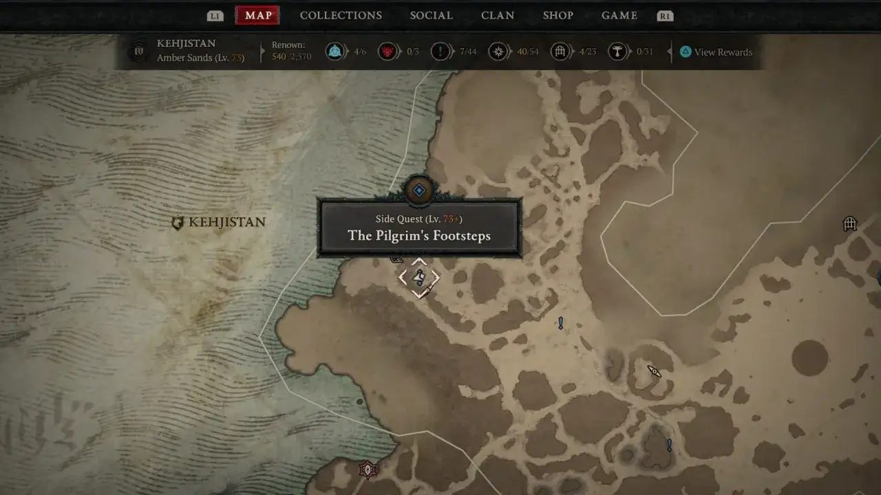 Mapa Diablo 4: Kehjistan, Amber Sands (Lv. 73). Aktywna misja poboczna
