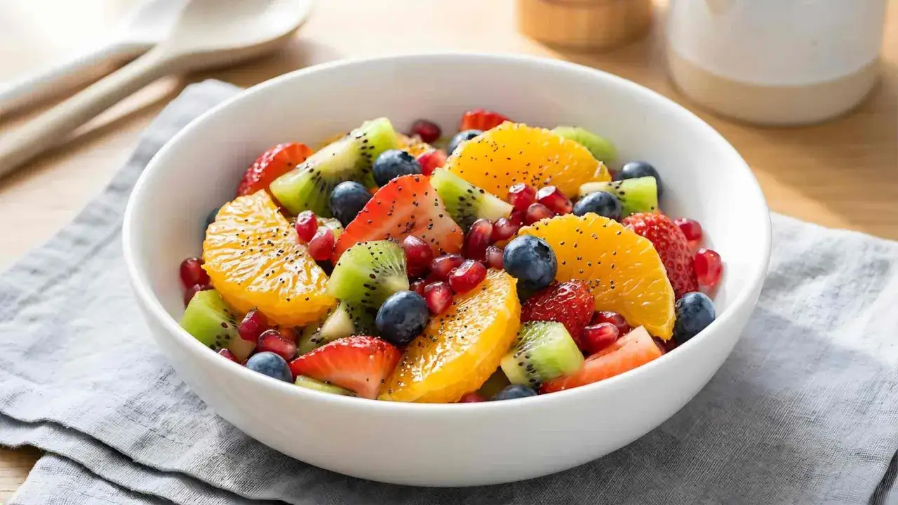 Un cuenco blanco rebosante de una colorida macedonia de frutas: fresas, kiwi, naranja, arándanos y granada.