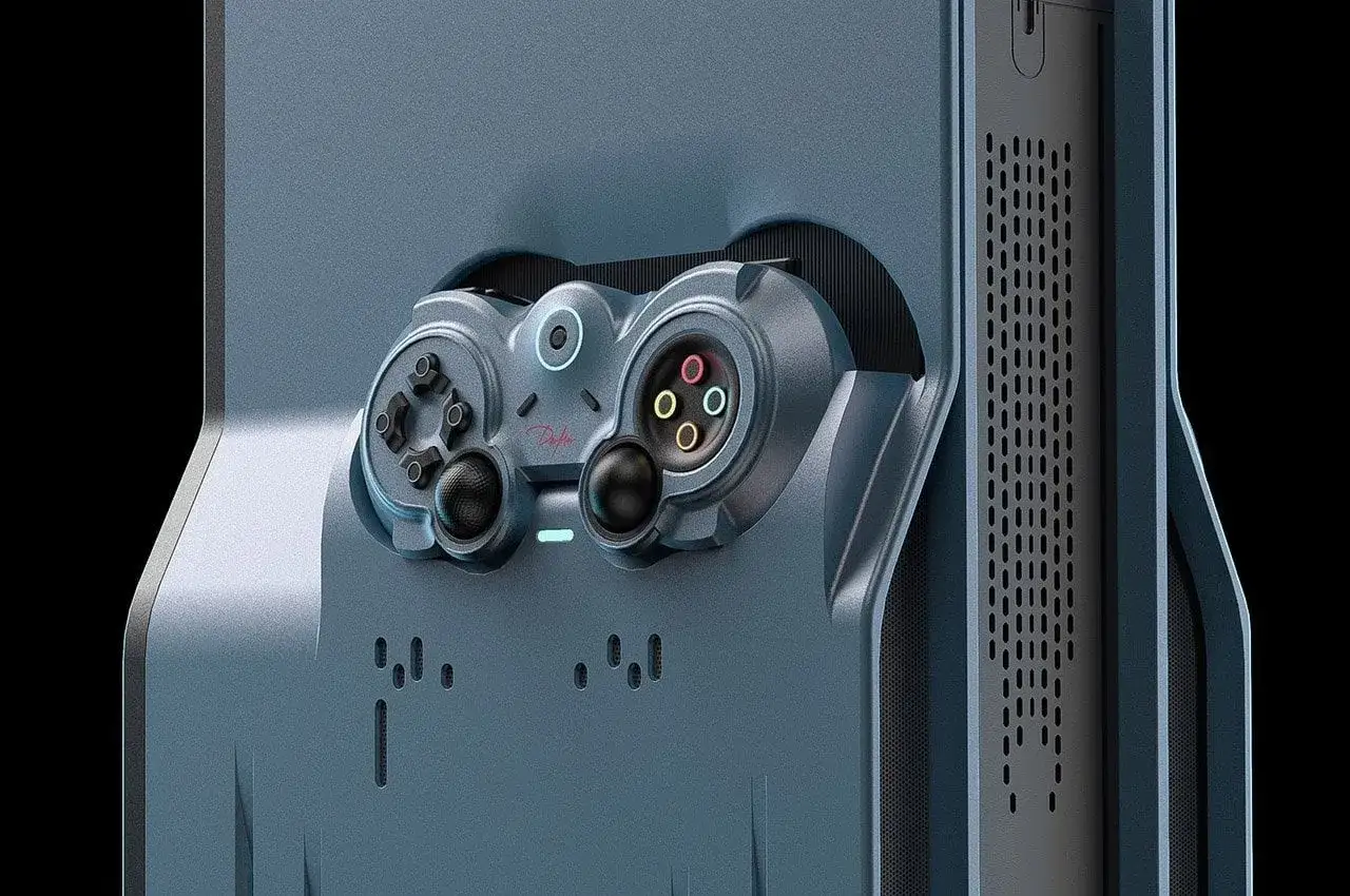 Futurystyczny kontroler do konsoli PlayStation 7, osadzony w niebieskiej obudowie z metalicznym wykończeniem.
