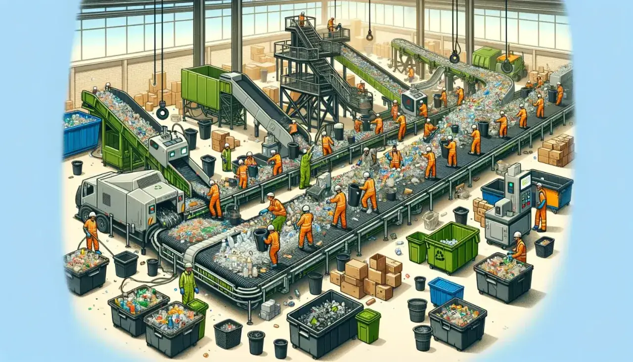 Pracownicy sortują odpady na taśmie, pokazując, na czym polega recykling.