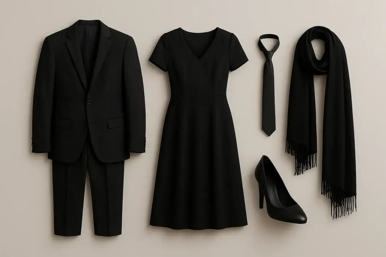 Completo nero, abito, cravatta, sciarpa e scarpe con tacco: ecco come vestirsi a un funerale con sobrietà ed eleganza.
