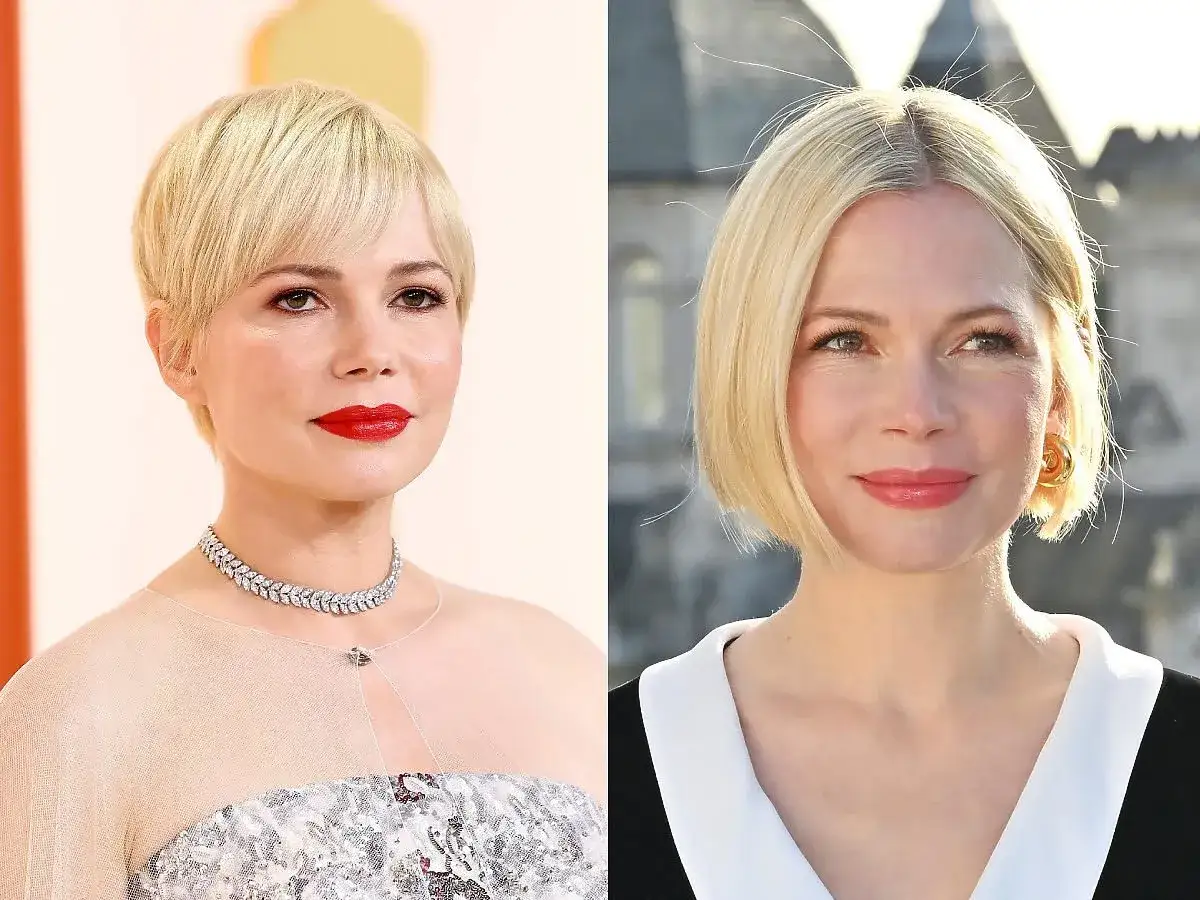 Michelle Williams z okrągłą twarzą i różnymi fryzurami: krótki pixie cut i bob.