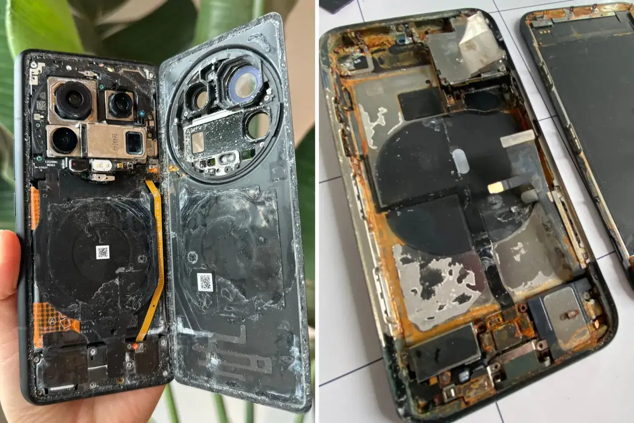 Rozłożone telefony po zalaniu. Widać korozję i uszkodzenia. Czy da się naprawić zalany telefon? Raczej nie, patrząc na te zniszczenia.