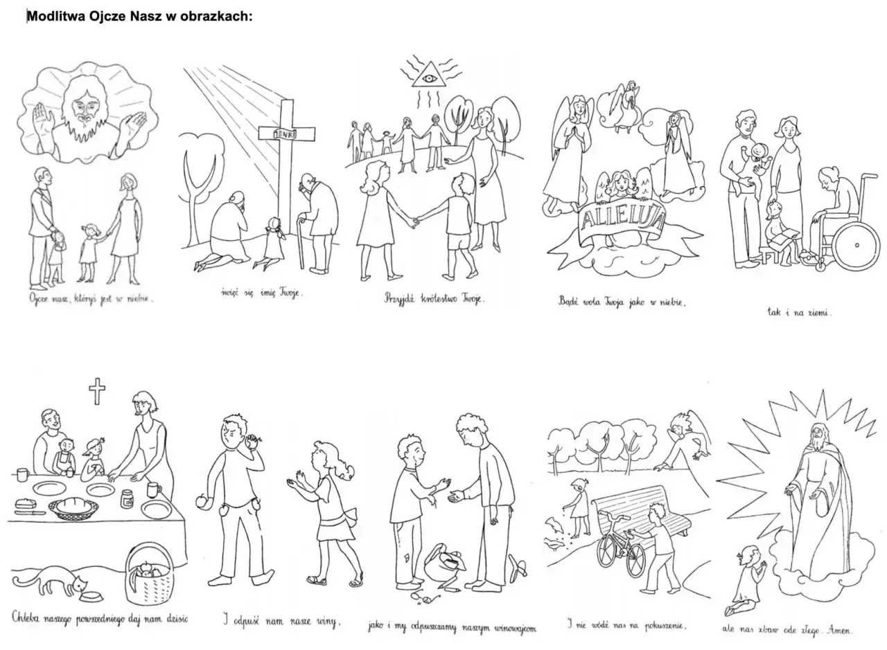 Ilustracje do modlitwy Ojcze nasz: Bóg w niebie, rodzina przy stole, przebaczenie win, pokuszenie i zbawienie.