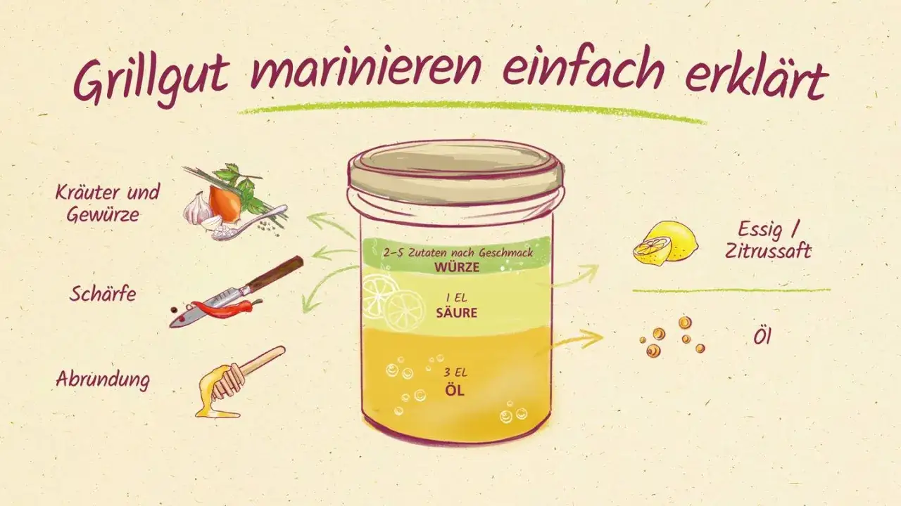 Illustration zeigt, wie man Grillfleisch einlegen kann: Kr&auml;uter, Sch&auml;rfe, S&auml;ure und &Ouml;l werden zu einer Marinade gemischt.
