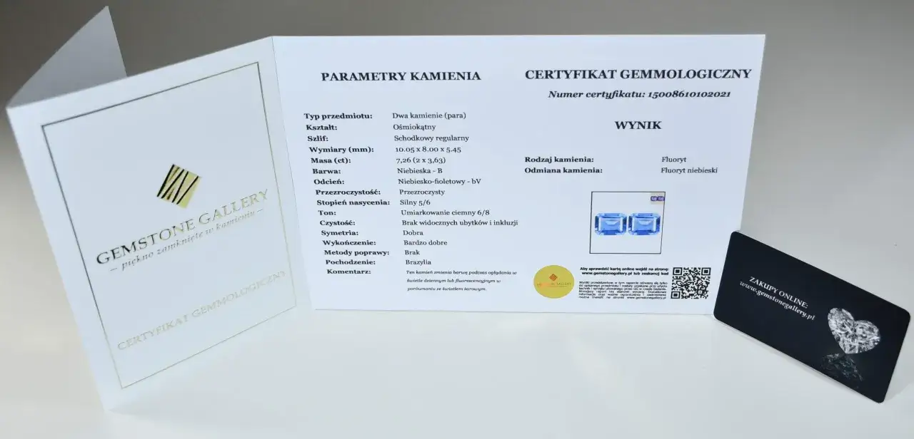 Certyfikat gemmologiczny z oznaczeniami kamieni szlachetnych: dwa fluoryty niebieskie z Brazylii.