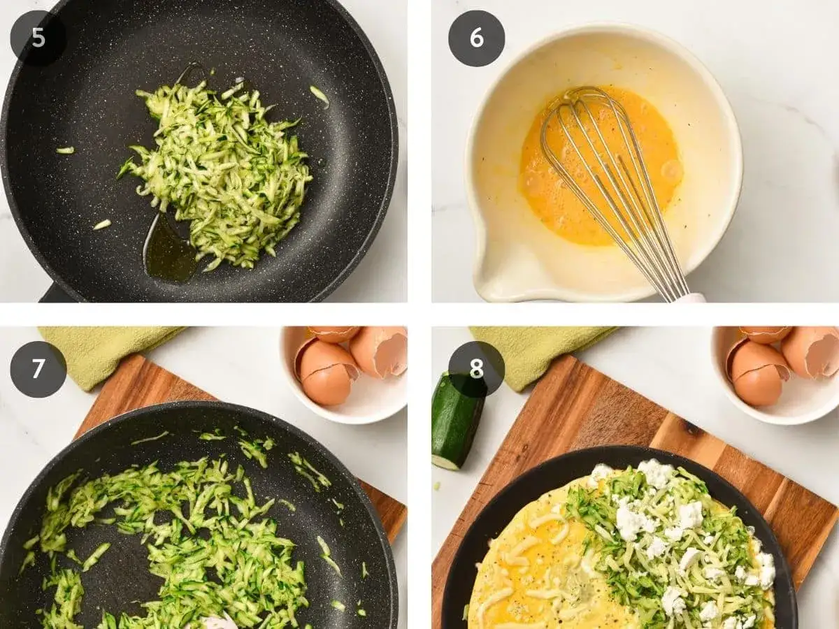 Schritt 5-8: Zucchini-Omelett zubereiten. Geriebene Zucchini wird in der Pfanne angebraten, Eier werden verquirlt und dann alles zusammen zu einem leckeren Omelett geformt.
