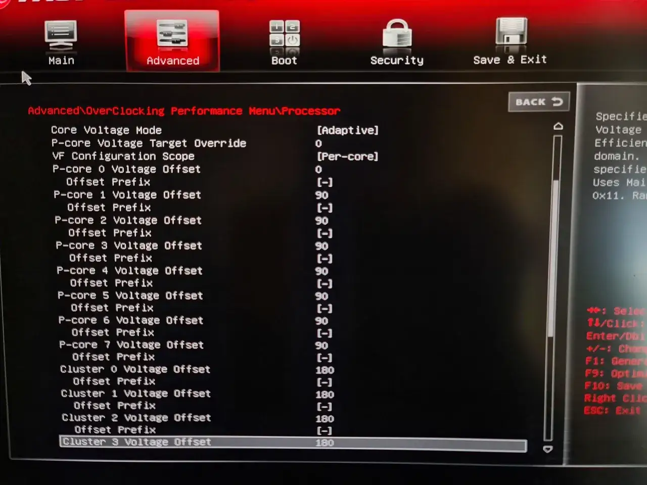 Ustawienia BIOS-u pokazują opcje undervolting CPU, w tym P-core Voltage Offset dla poszczeg&oacute;lnych rdzeni i klastr&oacute;w.