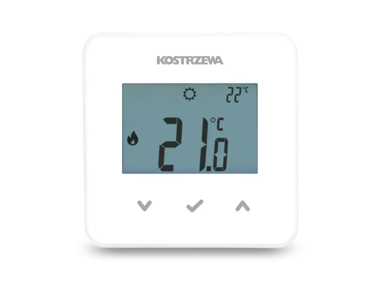 Termostat Kostrzewa z wyświetlaczem temperatury 22°C, ikoną płomienia i słońca. Ułatwia codzienne wygaszanie pieca na pellet.