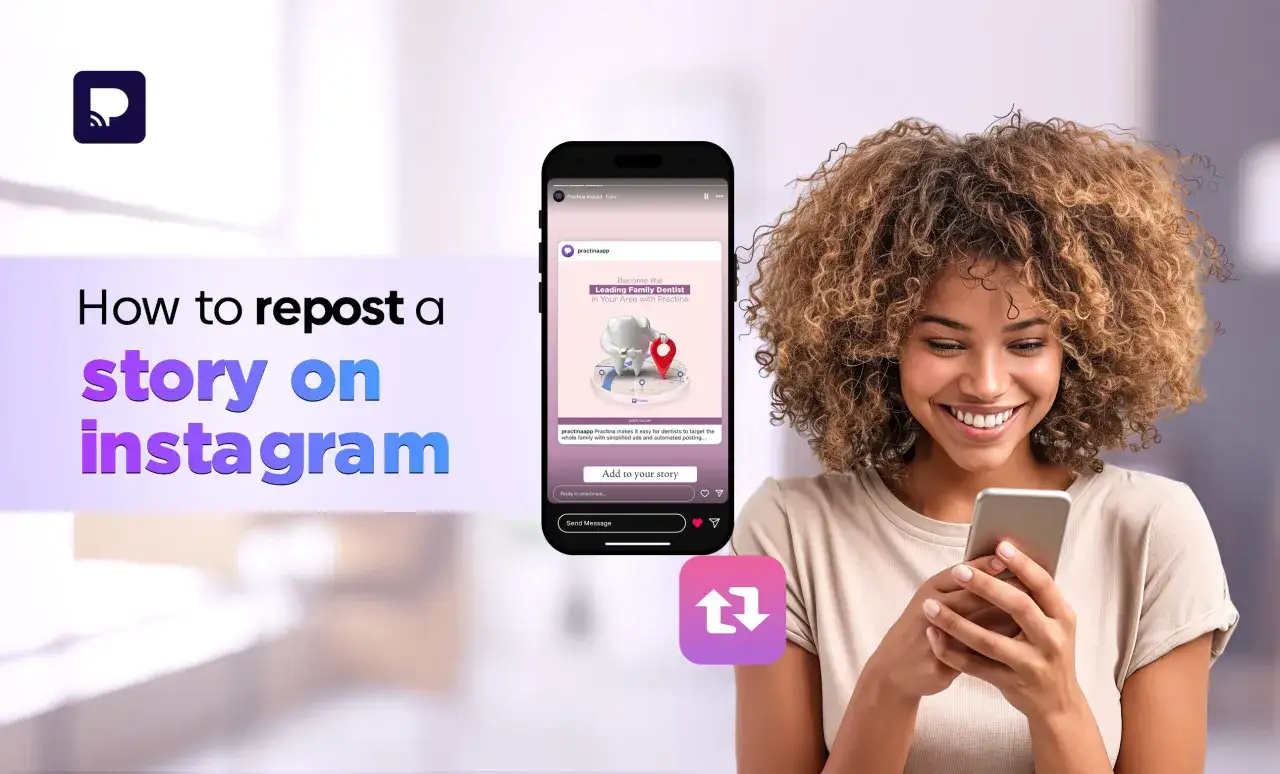 Dowiedz się, jak udostępnić czyjąś relację na swojej relacji na Instagramie. Kobieta z uśmiechem patrzy na telefon, na którym widać instrukcję.