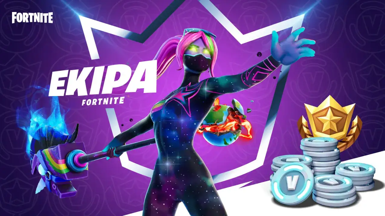 Postać z kosmicznym karnetem bojowym Fortnite, trzymająca płonący kilof i otoczona V-dolcami.
