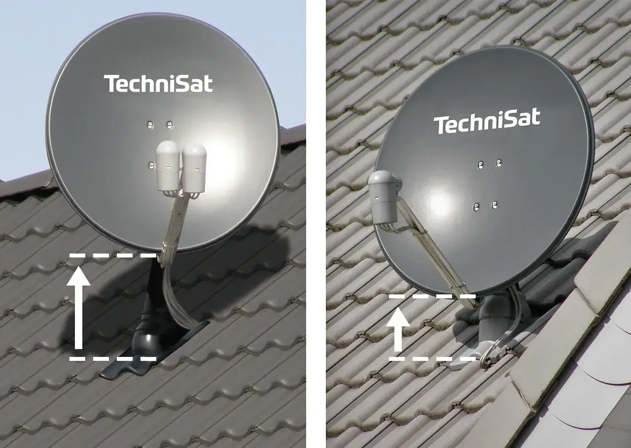 Dwie anteny TechniSat do telewizji satelitarnej zamontowane na dachu. Wskazują one na różnicę w wysokości montażu.
