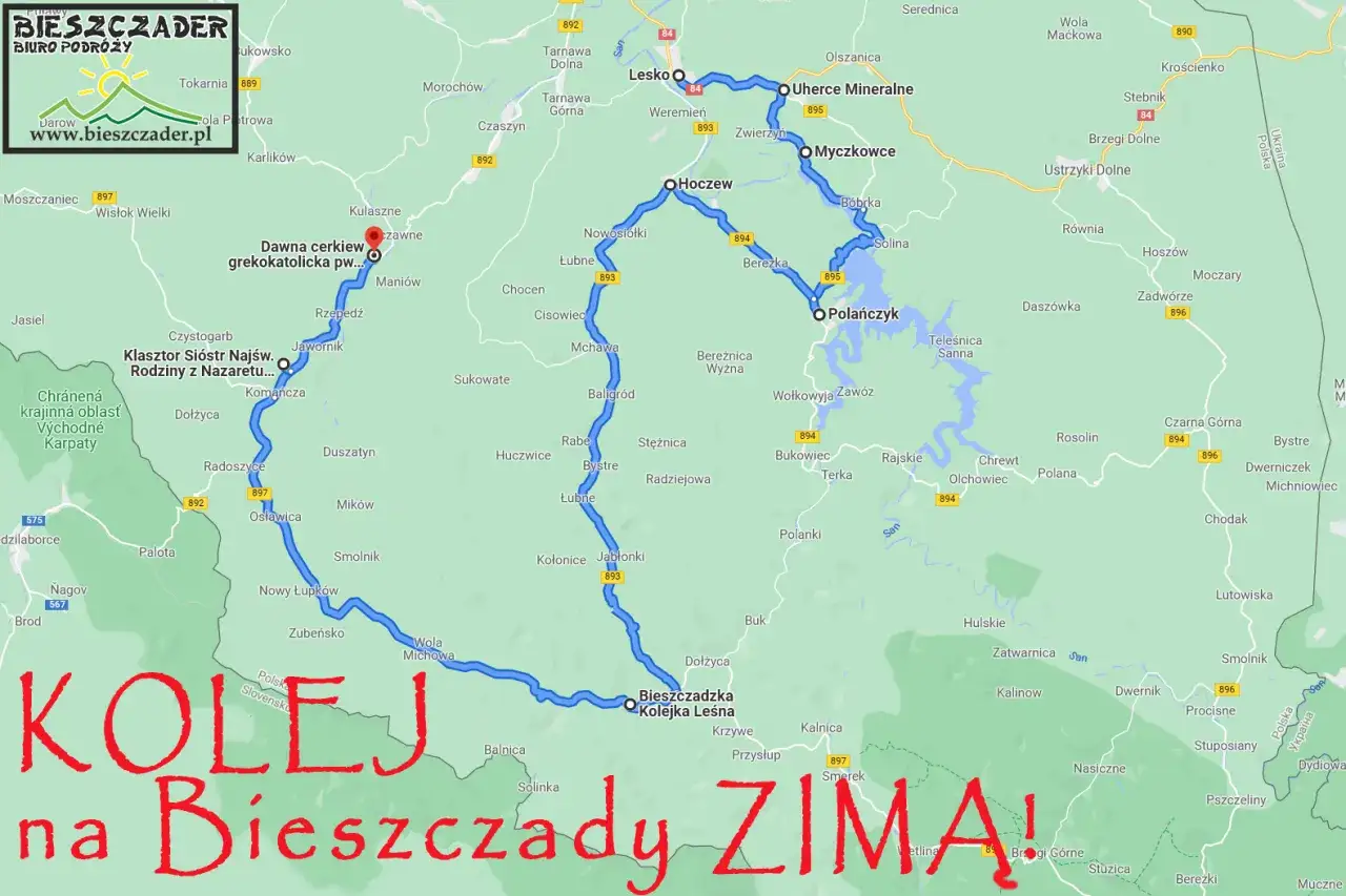 Trasa kolejowa przez Bieszczady, z zaznaczonymi atrakcjami jak dawna cerkiew i klasztor. Idealna na podróż pociągiem w Bieszczady zimą.