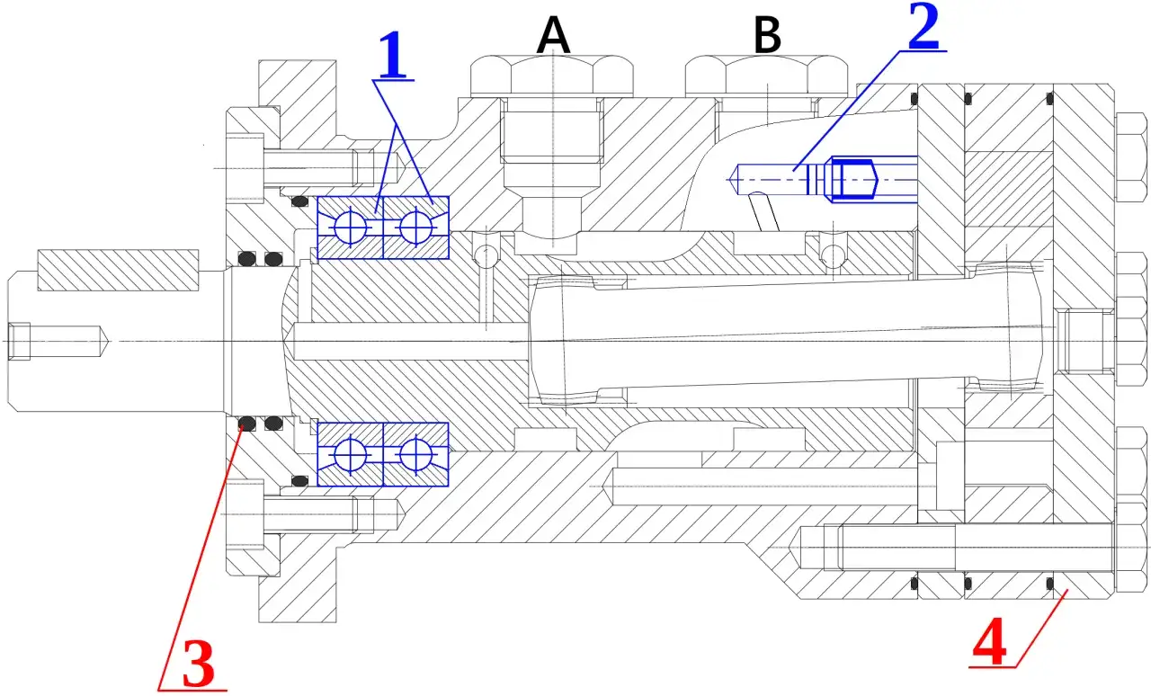 Schemat silnika hydraulicznego. Pokazuje zasadę działania mechanizmu z tłokami i uszczelnieniami.