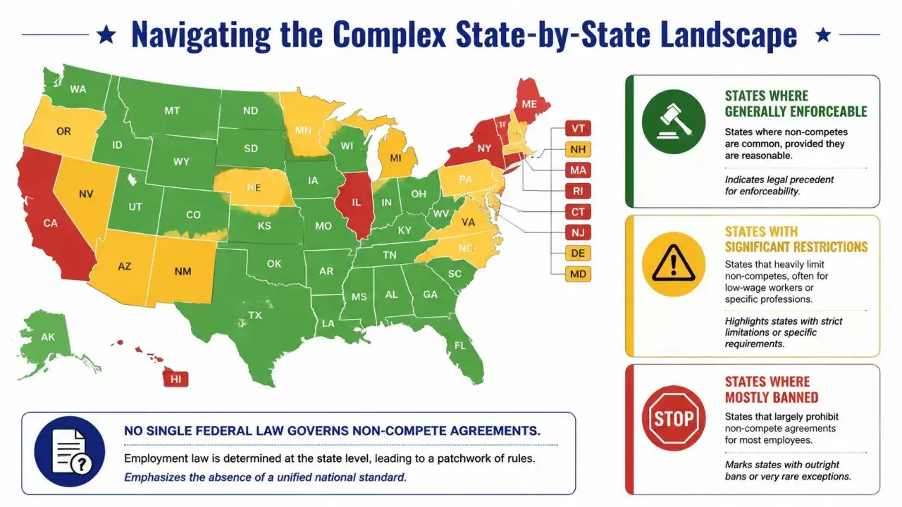 Map showing US states' enforceability of non-compete agreements. Green states generally enforce them, yellow has restrictions, and red mostly bans them.