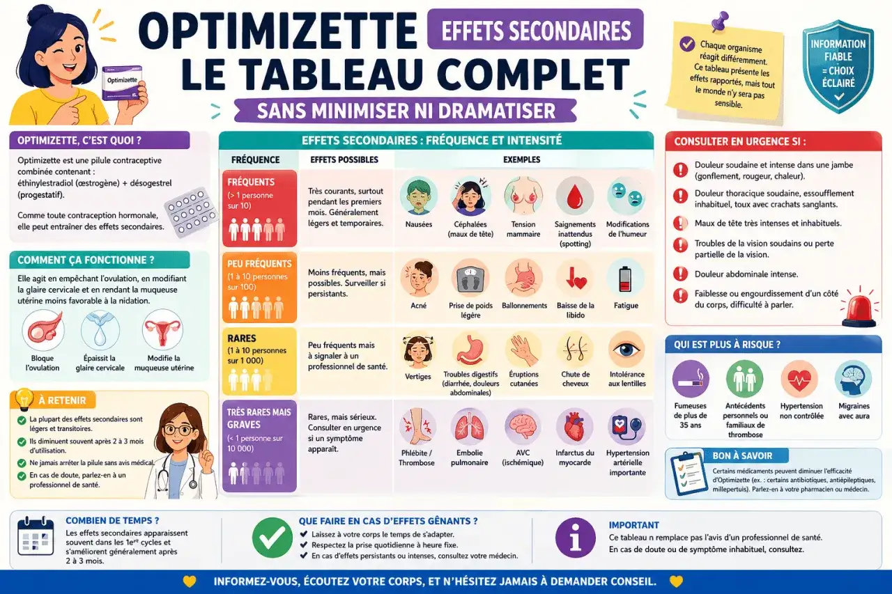 Tableau des effets secondaires de la pilule Optimizette, classés par fréquence et intensité. Il liste les symptômes possibles et des exemples visuels.