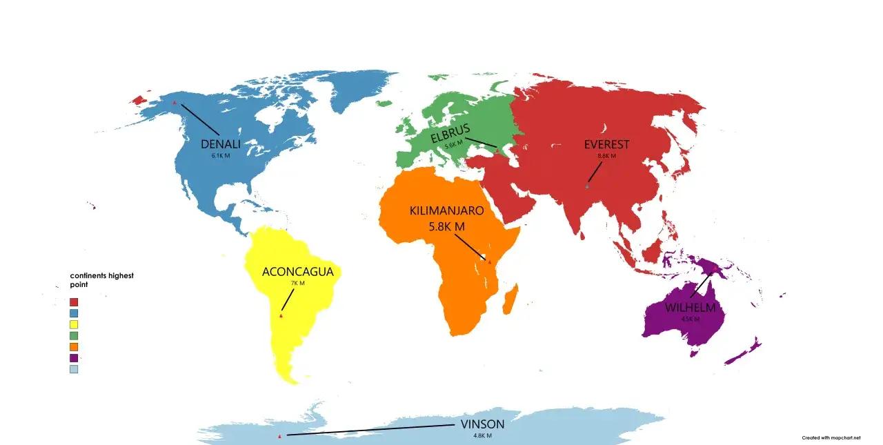 Mapa świata z zaznaczonymi najwyższymi szczytami kontynent&oacute;w: Denali, Aconcagua, Elbrus, Kilimanjaro, Vinson, Everest, Wilhelm.