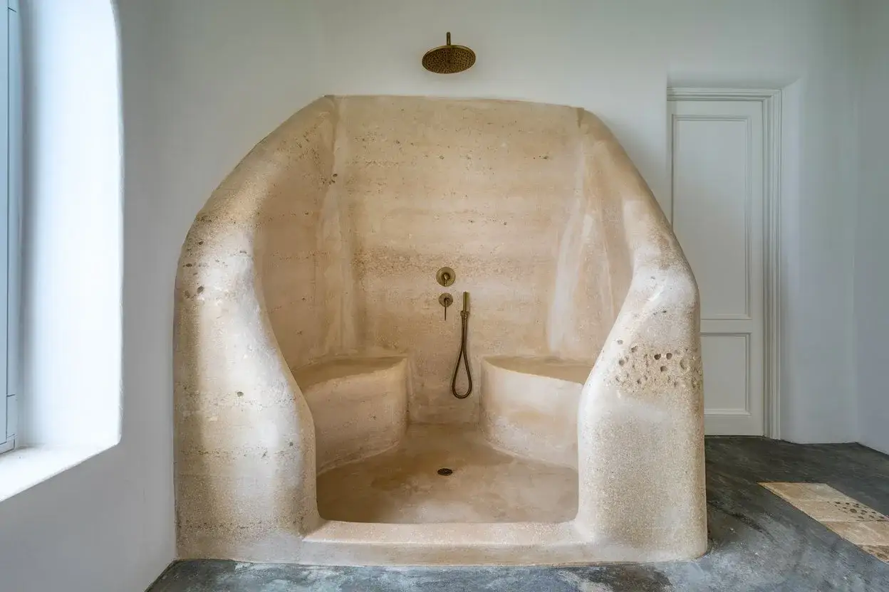 Douche à l'italienne en pierre brute, avec bancs intégrés. Un receveur de douche à éviter pour son aspect peu pratique et son design rustique.