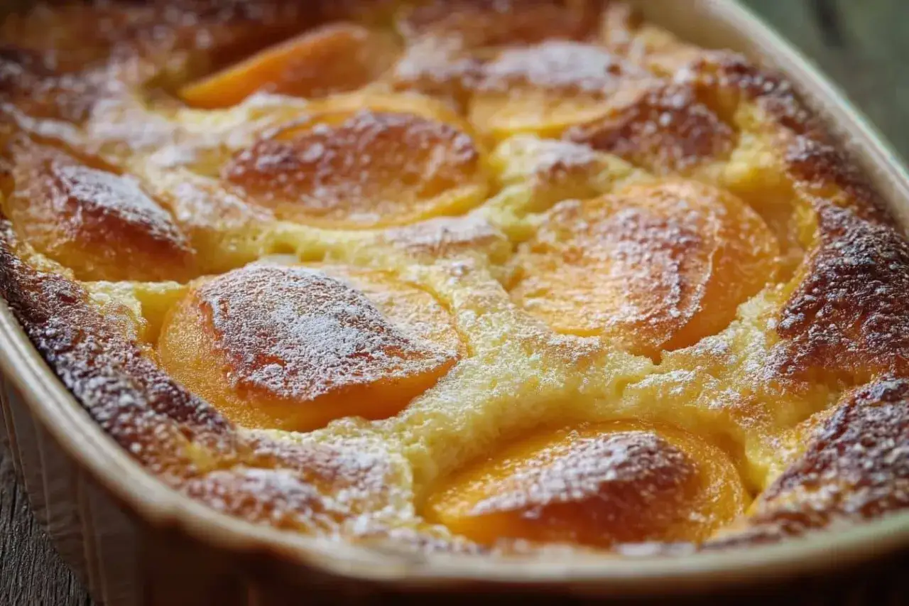 Un d&eacute;licieux clafoutis aux p&ecirc;ches, saupoudr&eacute; de sucre glace, sort du four.