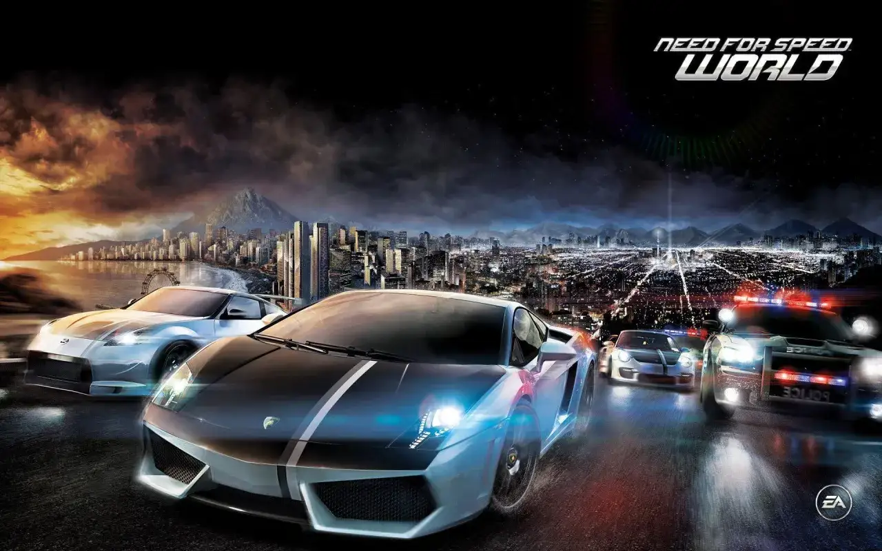 Wyścigi w stylu Need for Speed: Wszystkie części. Supersamochody i radiowozy pędzą nocą przez miasto.
