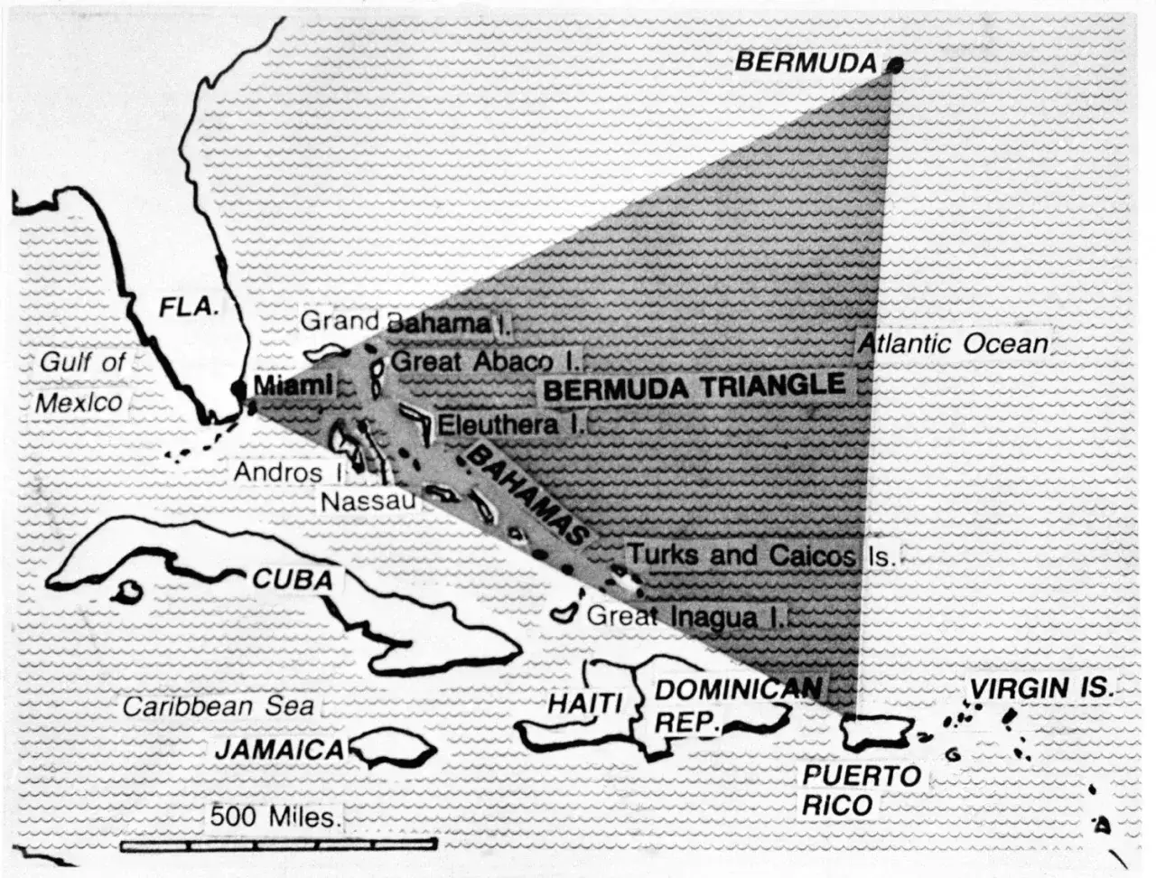Mapa pokazuje, gdzie jest Trójkąt Bermudzki, obejmujący Bermudy, Bahamy i Florydę.