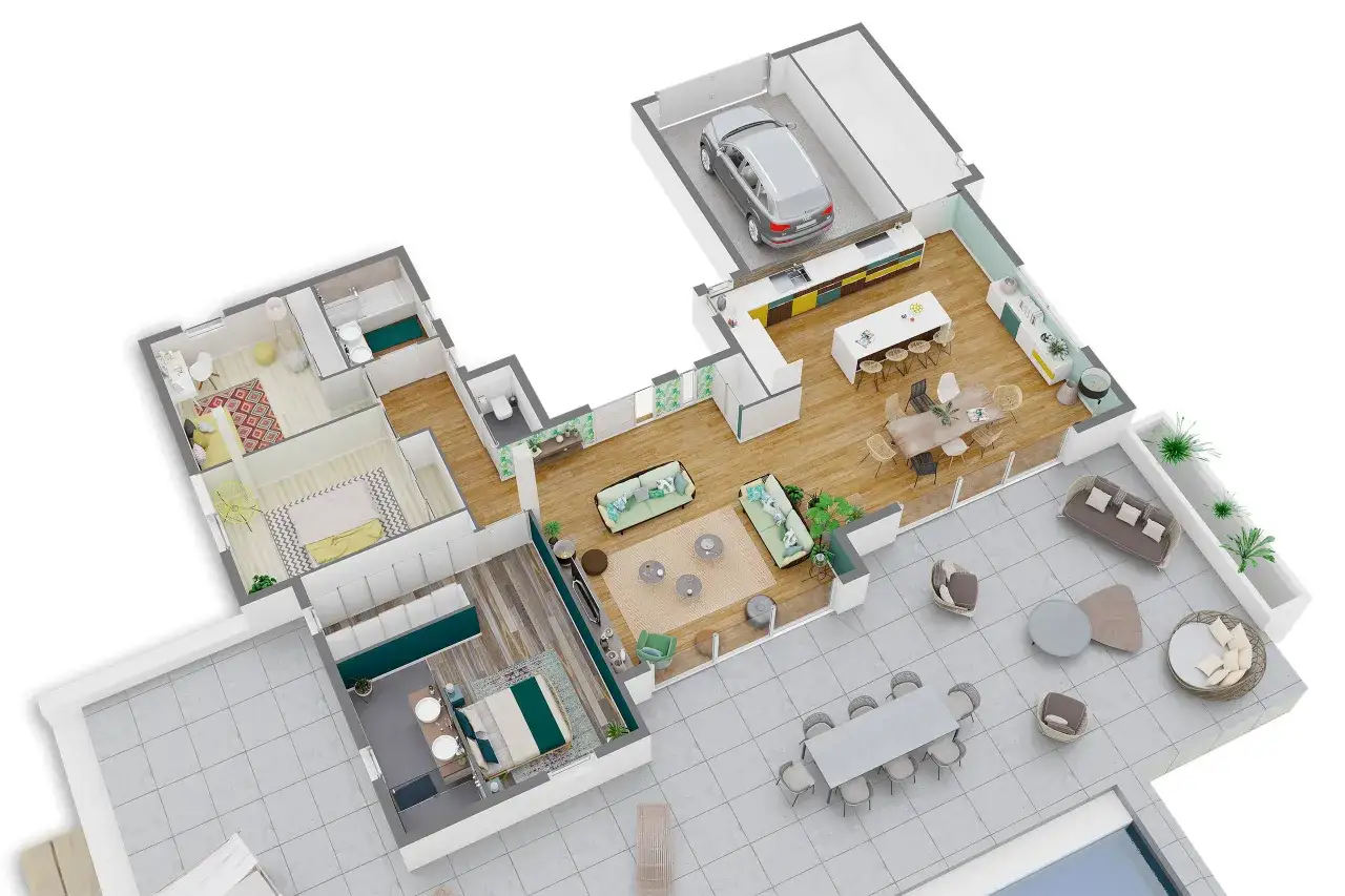 Vue aérienne d'un plan maison en L moderne avec garage, cuisine ouverte, salon, chambres et terrasse.