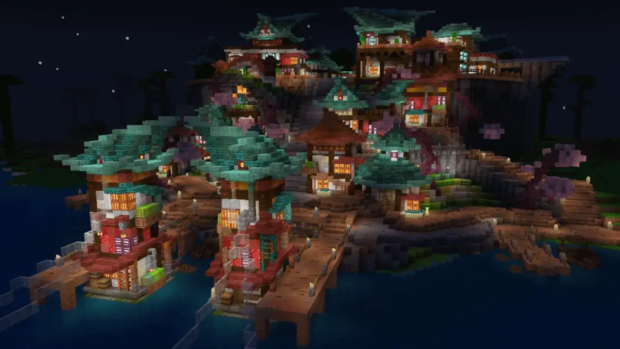 Piękna wioska w stylu japońskim w Minecraft. Jak znaleźć taką wioskę w mc? Szukaj w pobliżu wody, z charakterystycznymi dachami i kwitnącymi drzewami.