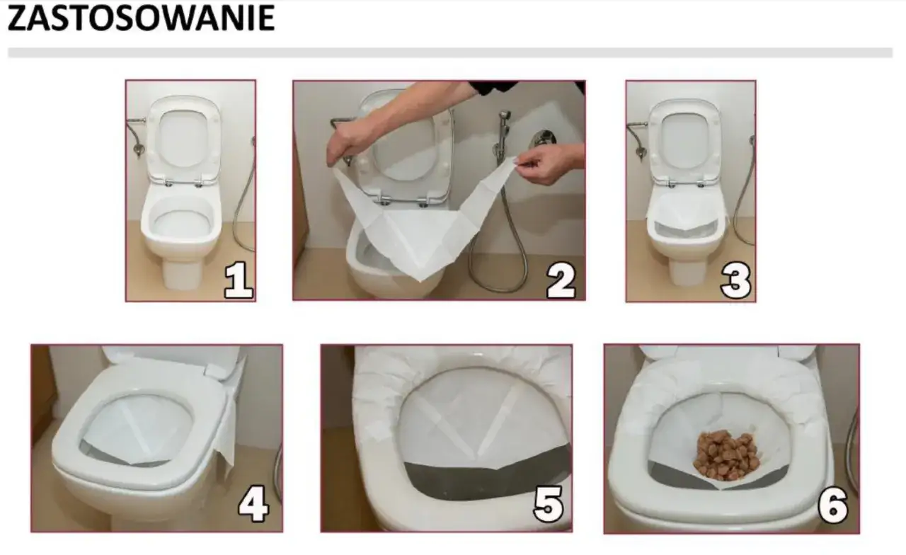 Instrukcja jak pobrać kał do badania: rozłóż papier w toalecie, umieść próbkę, a następnie wyrzuć.