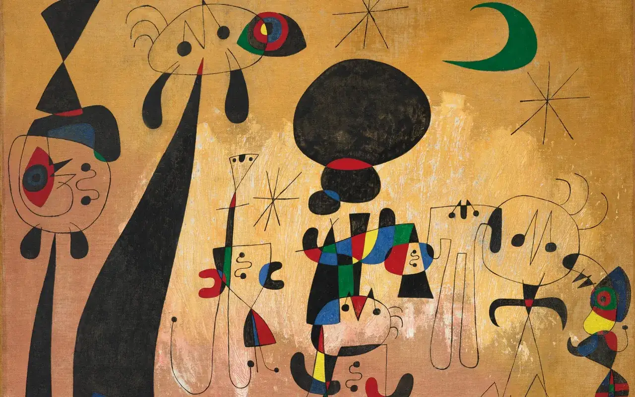 Barwne, surrealistyczne postacie i symbole na żółtym tle. To jeden z charakterystycznych obrazów Joana Miró.