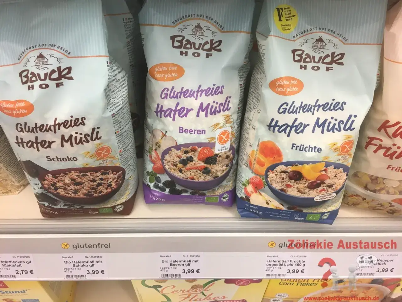 Glutenfreies Hafer Müsli von Bauckhof, ideal bei Hafer Allergie. Verschiedene Sorten wie Schoko, Beeren und Früchte.