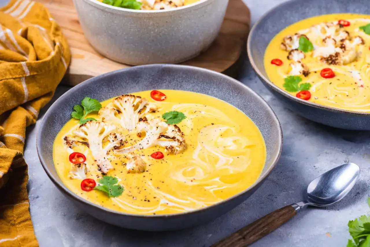 Aksamitne curry z kalafiora z mleczkiem kokosowym, ozdobione pieczonym kalafiorem, chili i kolendrą.