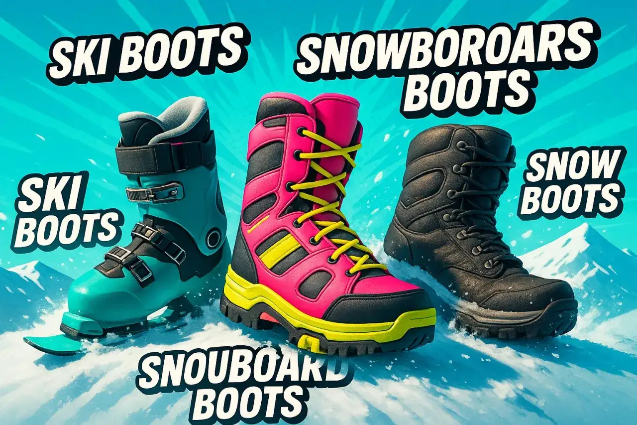 Czy buty narciarskie pasują do snowboardu? Na zdjęciu: turkusowe buty narciarskie, różowo-żółte buty snowboardowe i czarne buty zimowe.
