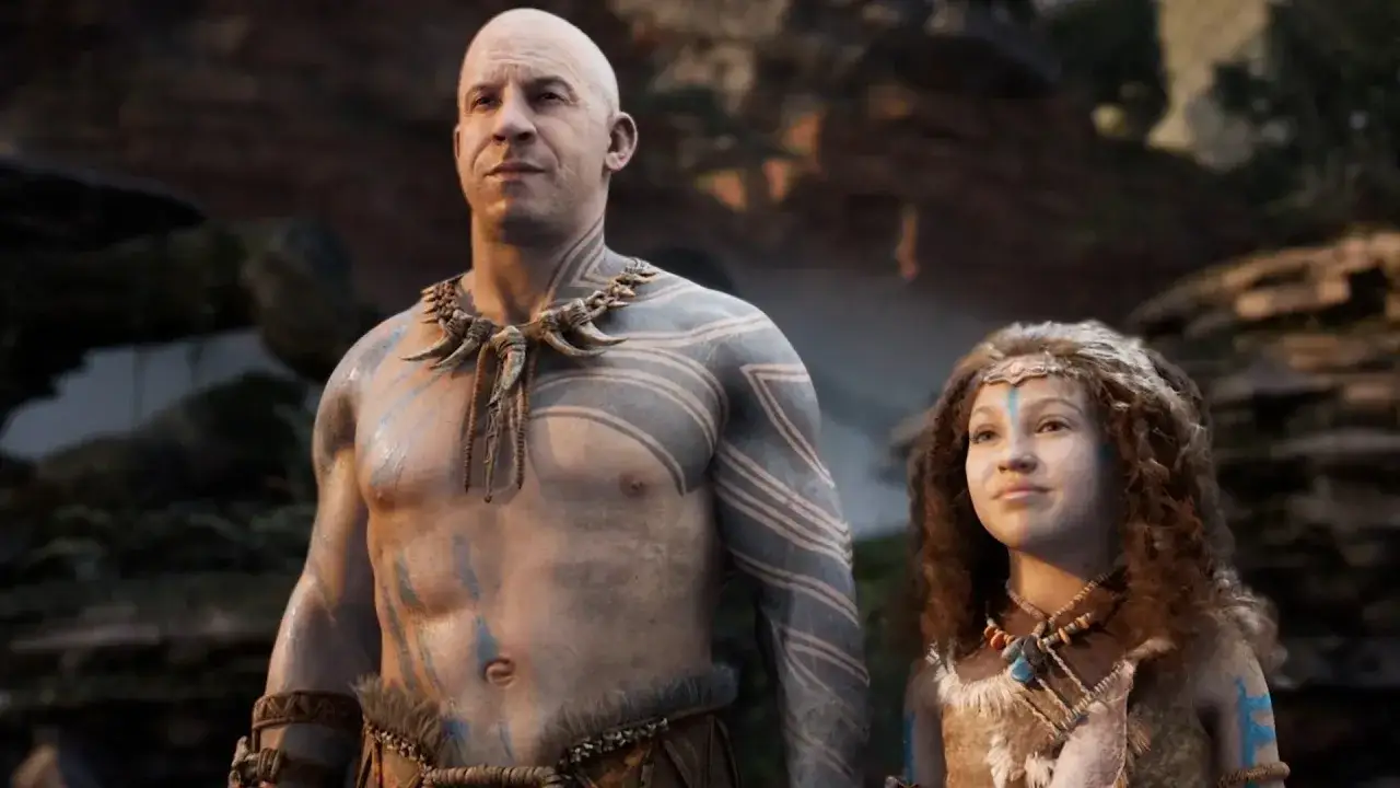 Vin Diesel i młoda dziewczyna w plemiennych strojach, zapowiadający premierę ark 2.