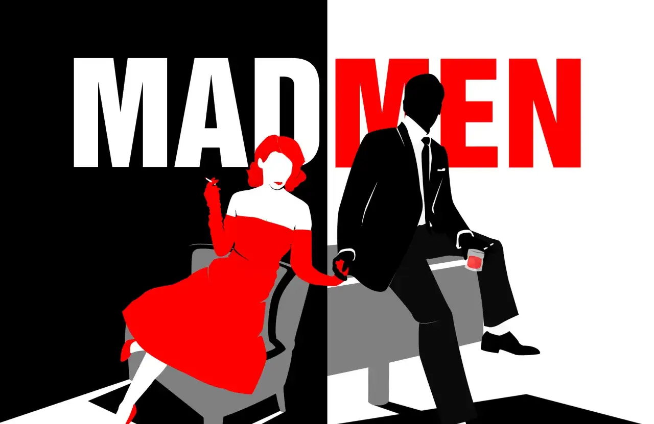 Mad Men recensione: iconica immagine stilizzata con donna in rosso e uomo in nero, simbolo di un'epoca.