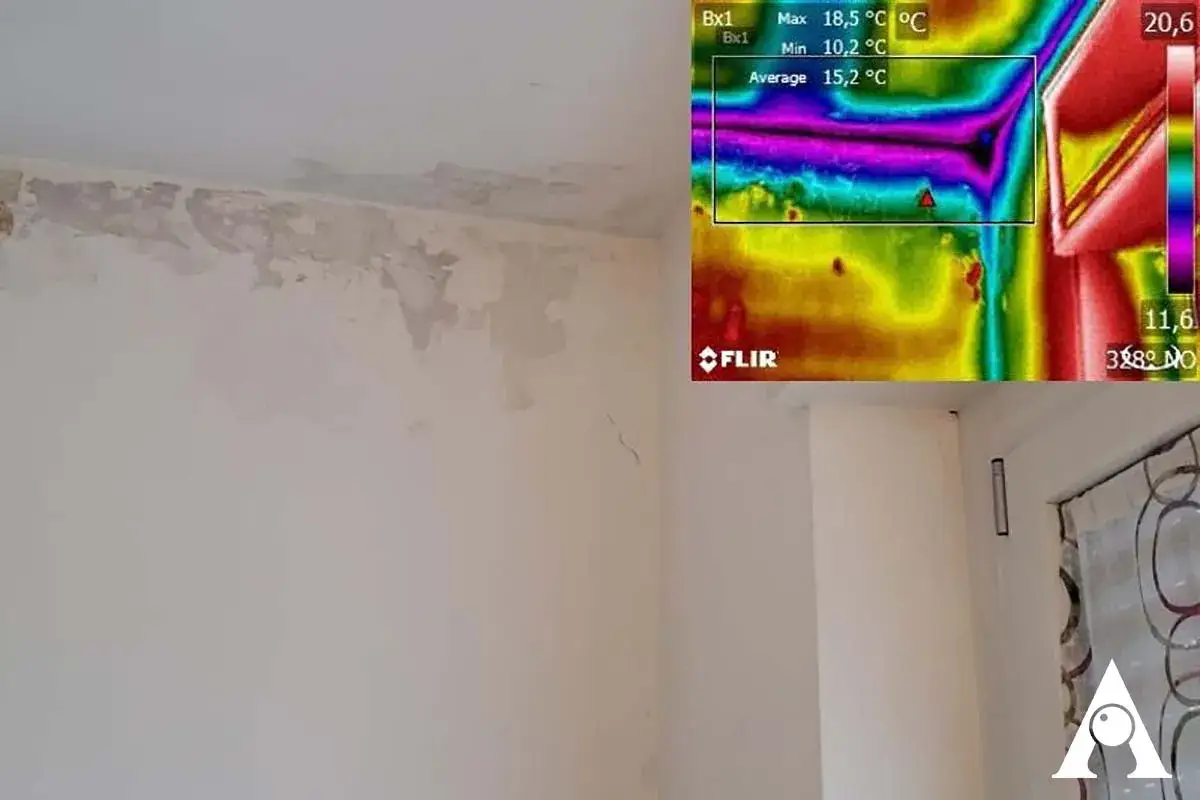 Angolo di un muro con intonaco scrostato e macchie di muffa. Termografia mostra ponti termici e zone fredde, indicando problemi di isolamento e potenziale formazione di muffa.