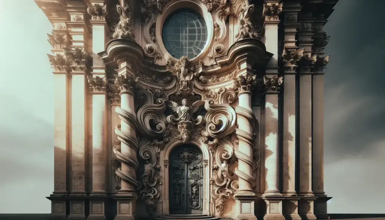 Fachada de iglesia con detalles ornamentados, columnas salom&oacute;nicas y un &aacute;ngel, mostrando las caracter&iacute;sticas del barroco.