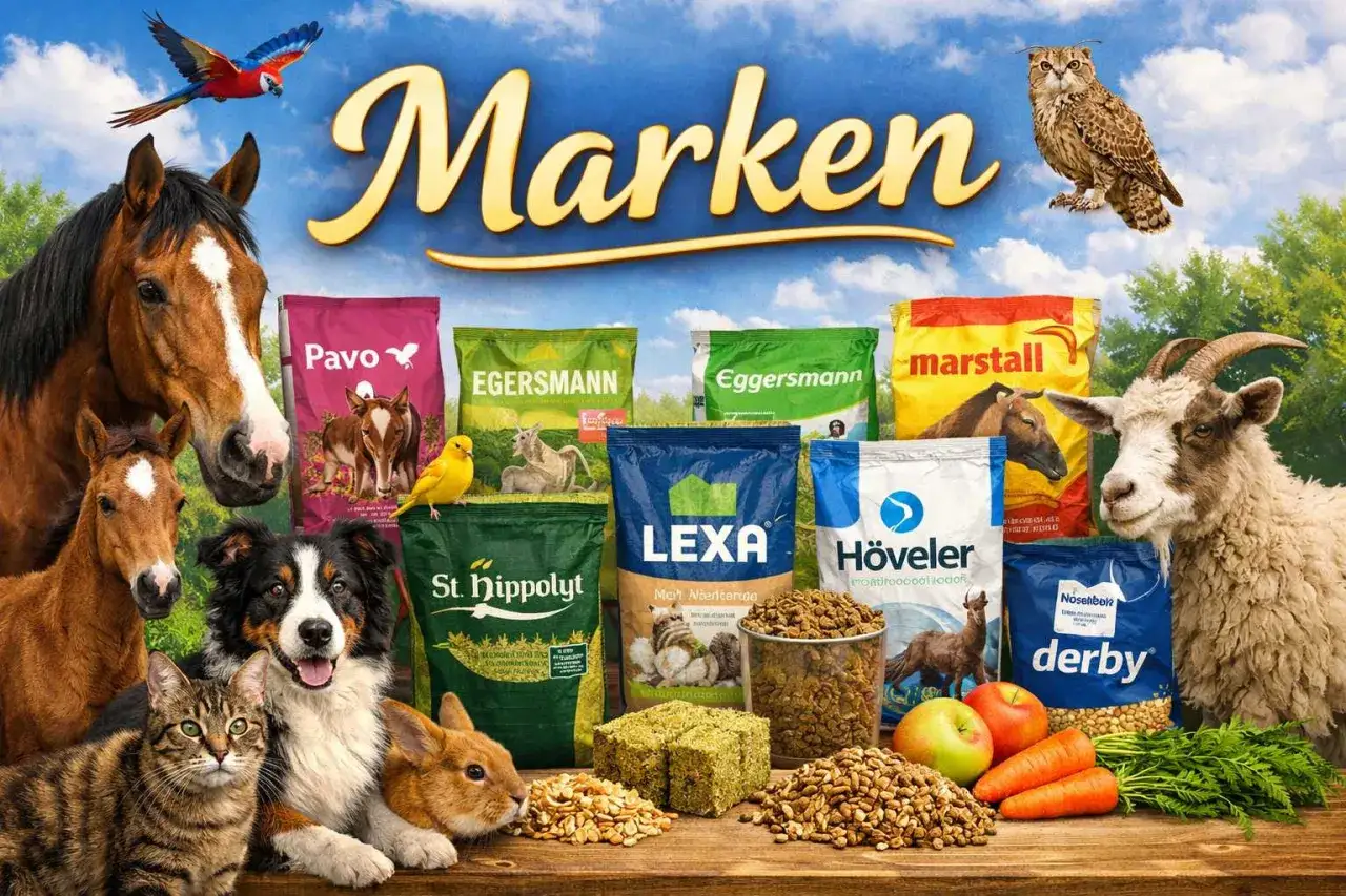 Vielfalt an pferdefutter marken: Pavo, Eggersmann, Marstall, St. Hippolyt, Lexa, Höveler, Höselbarth Derby. Tiere wie Pferde, Hund, Katze, Kaninchen, Ziege, Papagei und Eule sind abgebildet.