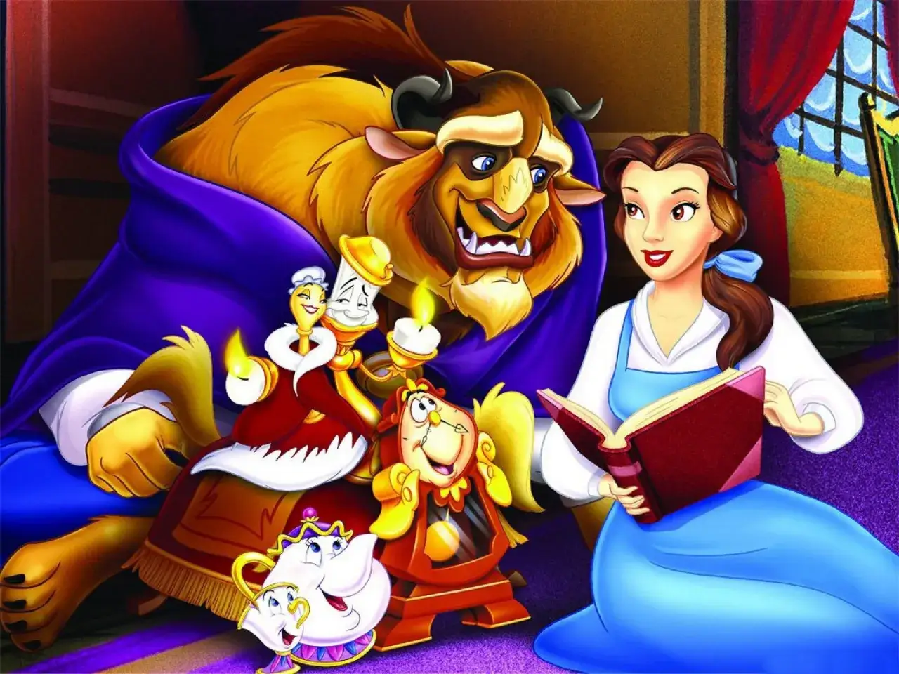 La bella y la bestia, junto a Lumi&egrave;re, Cogsworth y Mrs. Potts, disfrutan de un momento de lectura.