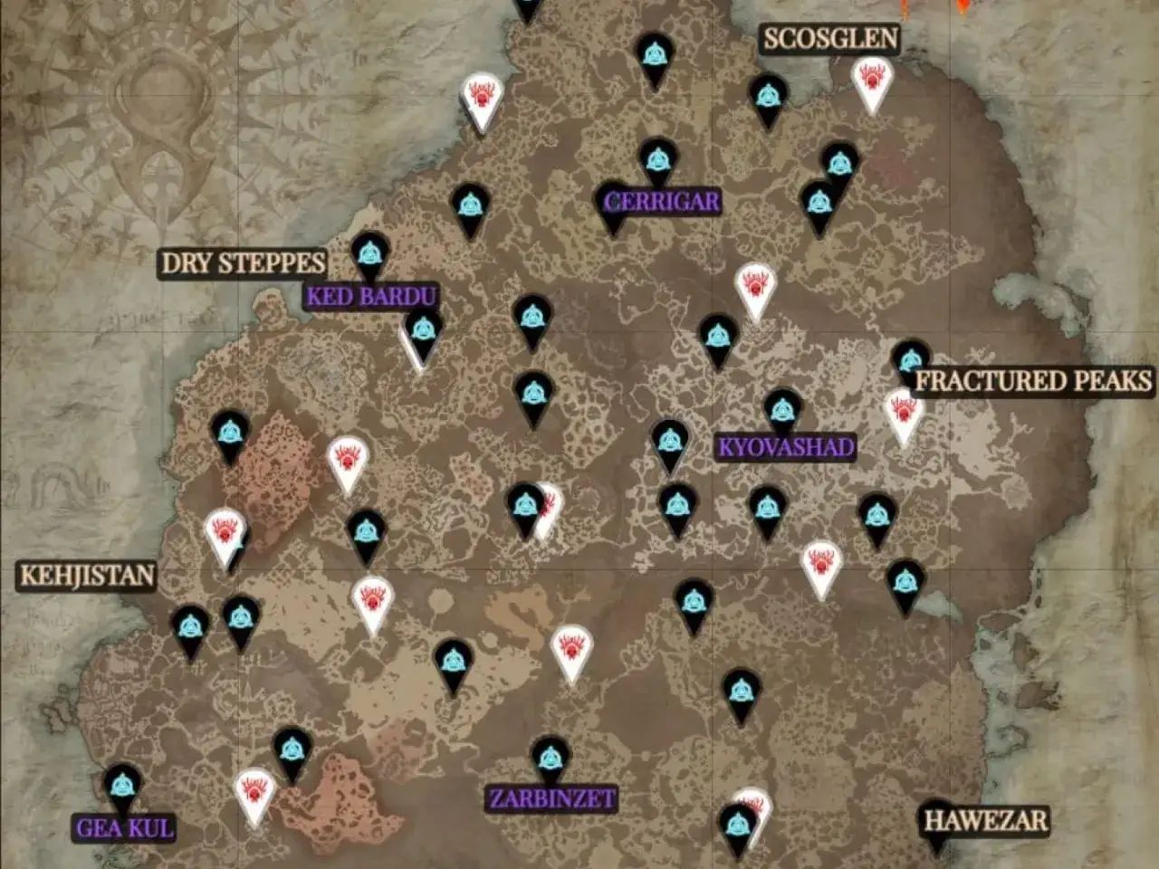 Mapa Sanktuarium z zaznaczonymi lokacjami, w tym **Diablo 4 twierdze**. Widoczne regiony: Dry Steppes, Kehjistan, Fractured Peaks, Scosglen, Cerrigar, Kyovashad, Zarbinzet, Gea Kul, Hawezar.