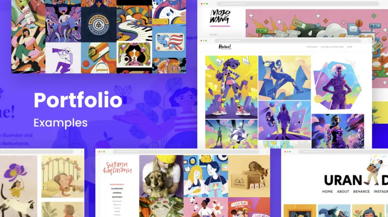 Exemples de book artistique : un collage d'illustrations colorées et de sites web de portfolios, montrant divers styles artistiques.