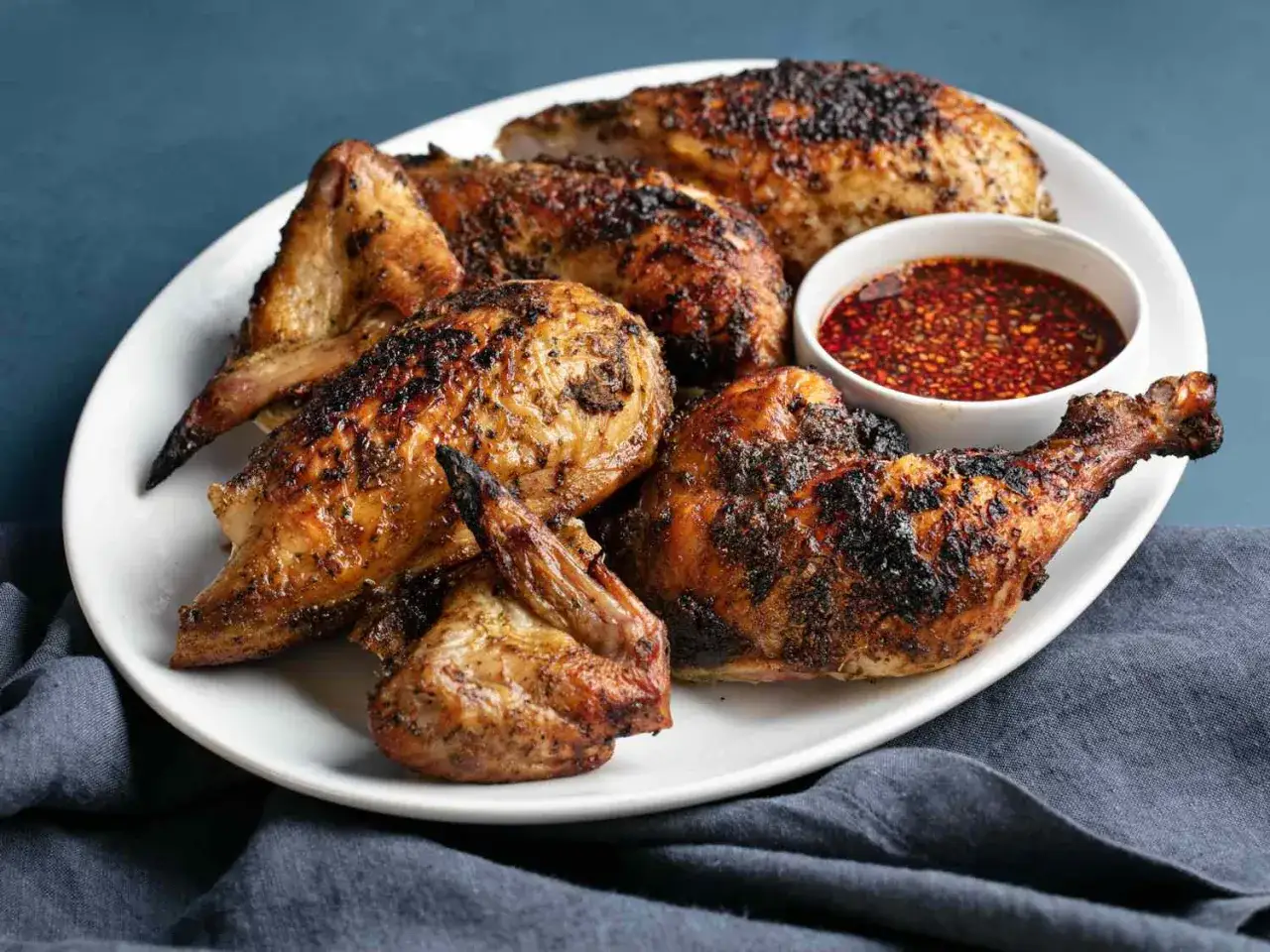 En tallrik med saftig, grillad kyckling, perfekt kryddad och serverad med en smakrik dippsås.