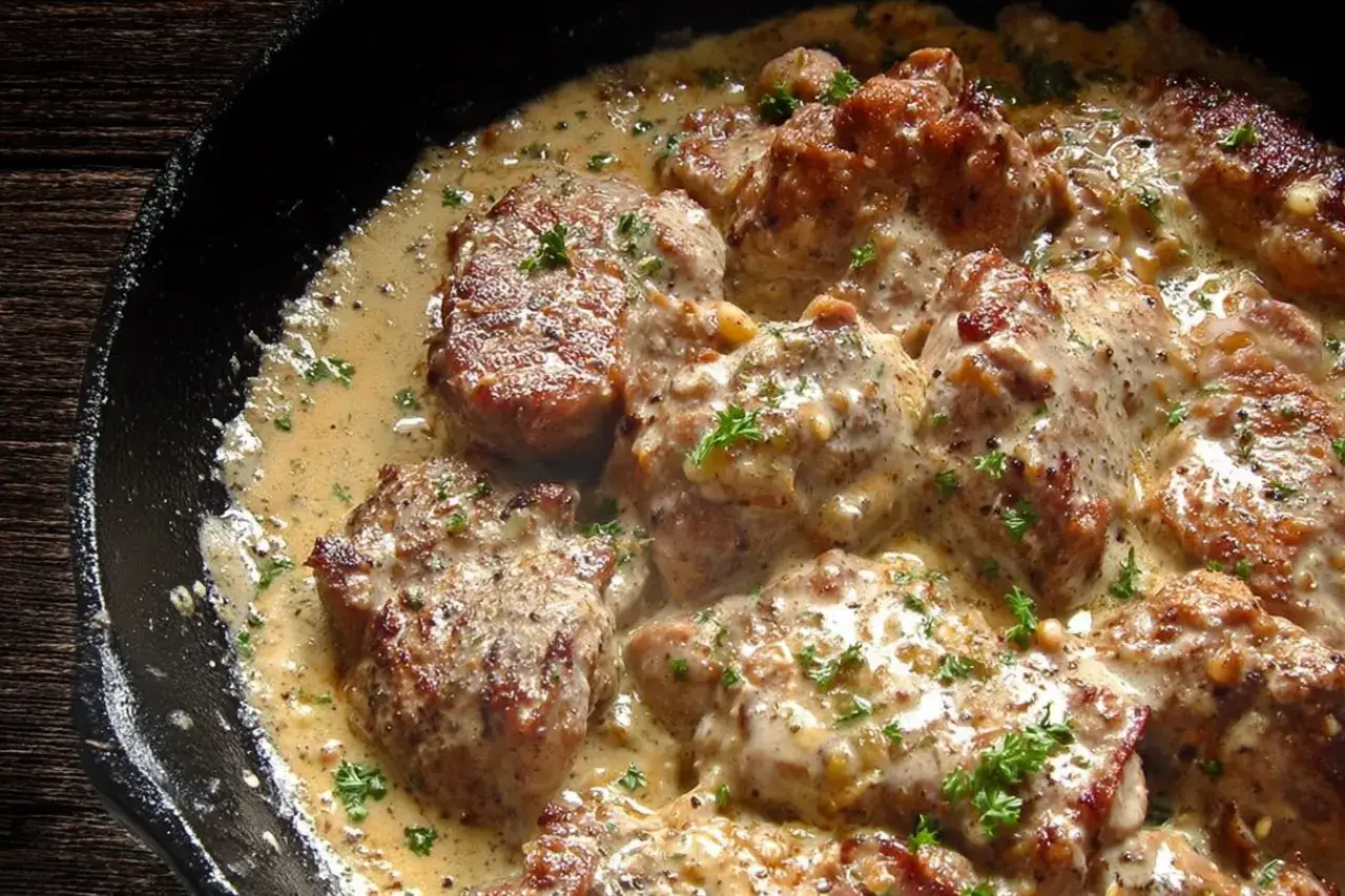 Délicieuse recette gastronomique d'araignée de porc en sauce crémeuse, garnie de persil frais, servie dans une poêle en fonte.